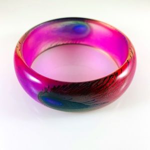 Vintage Fuchsia peacock feather painted wide bangle bracelet